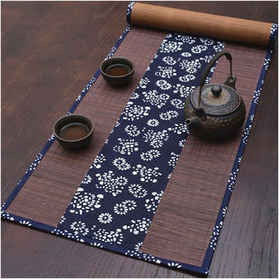 茶席桌旗棉麻竹席竹茶垫茶帘复古隔热干泡茶盘垫子长条竹