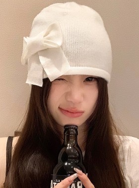 早秋手工花朵纯色毛线帽女百搭针织包头堆堆帽大头围显脸小套头帽