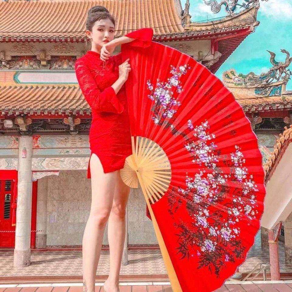 超大挂扇装饰中国风梅花装饰工艺绢布大折扇子影楼道具粘花女宫扇