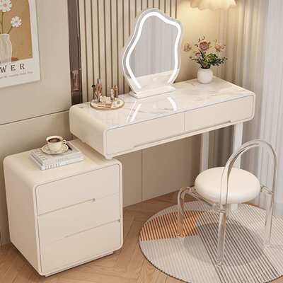 奶油风岩板小户梳妆台床头柜一体网红伸缩化妆台卧室轻奢现代简约