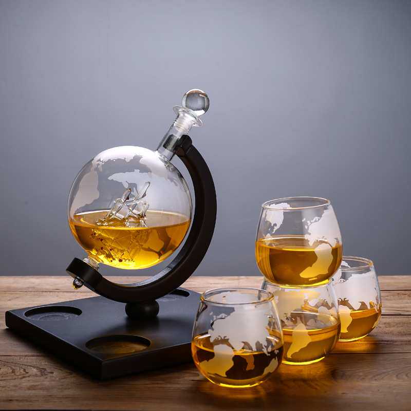 亚马逊四杯地球仪玻璃醒酒瓶酒具套装泡酒瓶威士忌盛酒器跨境热销