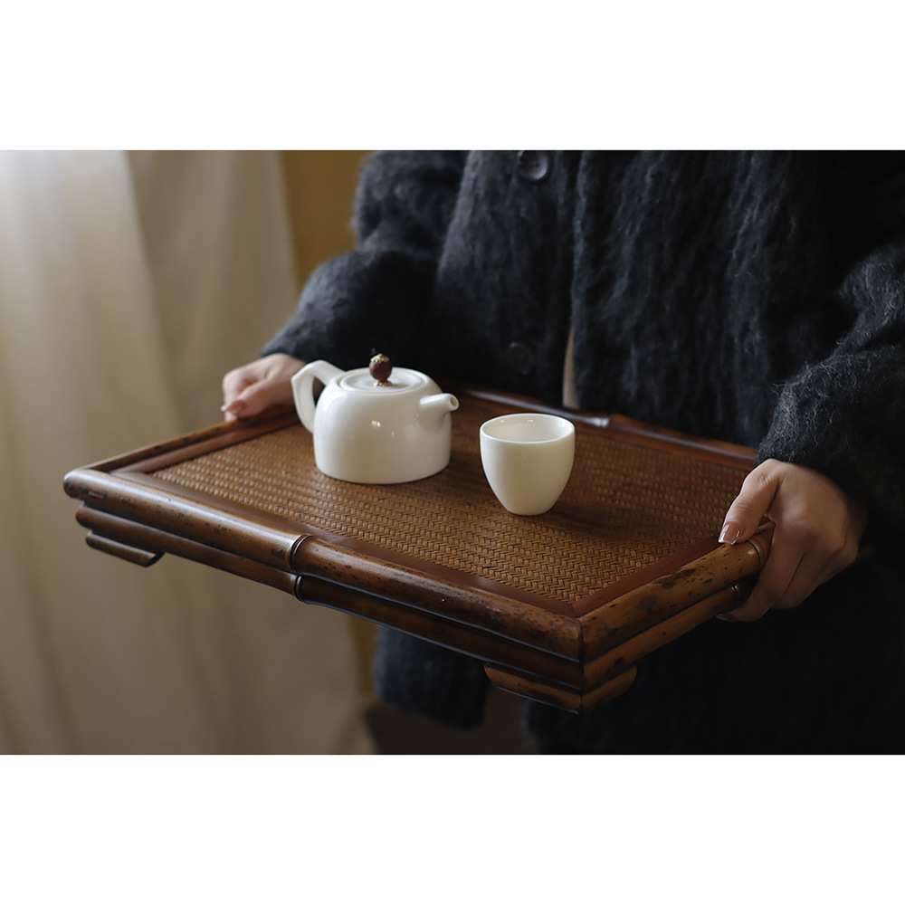新中式紫竹梅鹿竹制席面干泡台奉茶盘茶道配件托盘 手工竹茶具