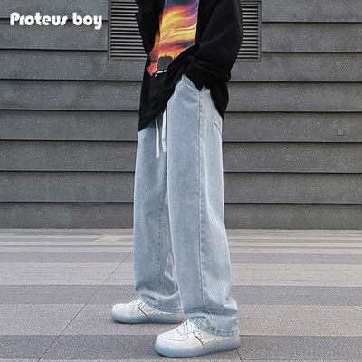 牛仔裤男款春秋季冬装潮男士浅色宽松抽绳阔腿直筒九分休闲长裤子