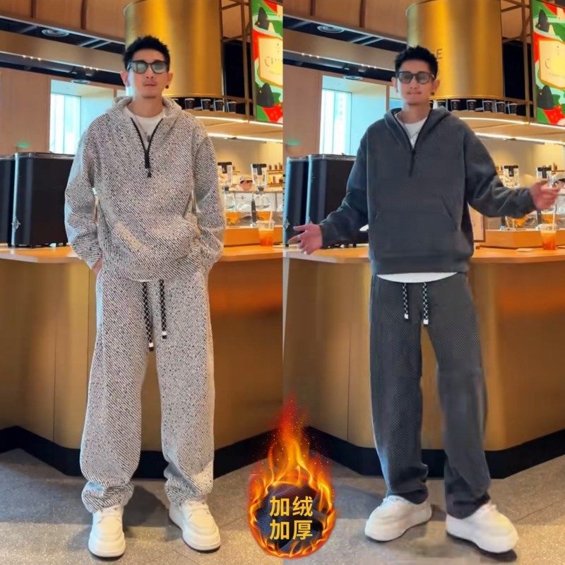 时尚宽松个性斜条纹设计休闲套装男潮流半拉链连帽加绒卫衣直筒裤,男装,时尚套装,淘宝优惠券,粉丝福利购,淘宝优惠卷