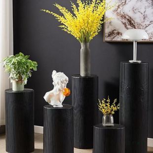 碳化黑根雕花架木墩展示台地台圆形立柱展台展示架花店产品陈列柜