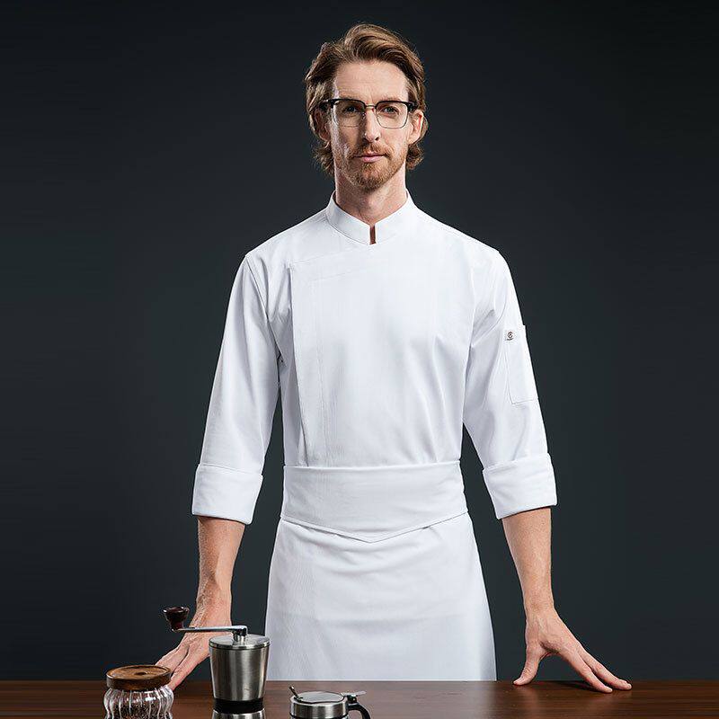 酒店总厨厨师工作服高端食堂秋冬季西餐饮后厨房厨师长衣服白色男