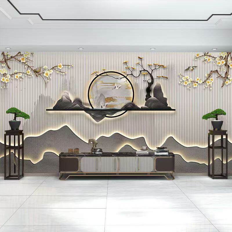 新中式茶室3d立体背景墙采耳馆美容院会所酒店山水画壁纸新款自粘