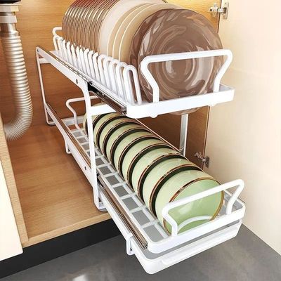 家用厨房抽拉碗碟收纳架橱柜碗架拉篮抽屉式免安装碗盘沥水置物架