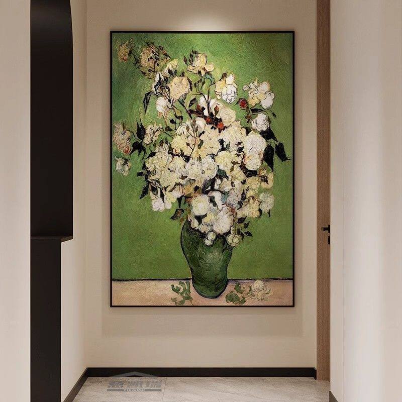 梵高作品《玫瑰花》世界名画艺术抽象玄关挂画走廊大气房间装饰画