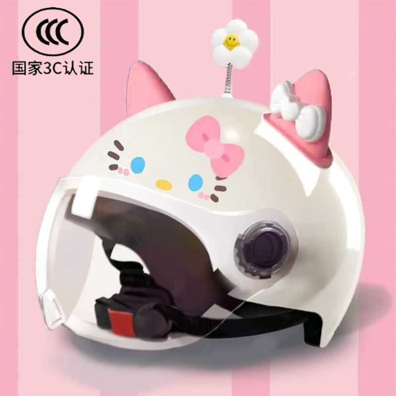 3c遮阳电动车头盔女款夏季认证防晒半盔通用轻便帽可爱凯特猫