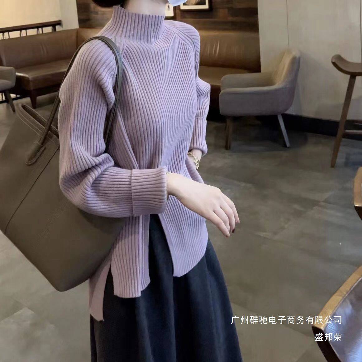 厂家直销慵懒风超好看设计感收腰高领竖条打底毛衣女秋冬季内搭针