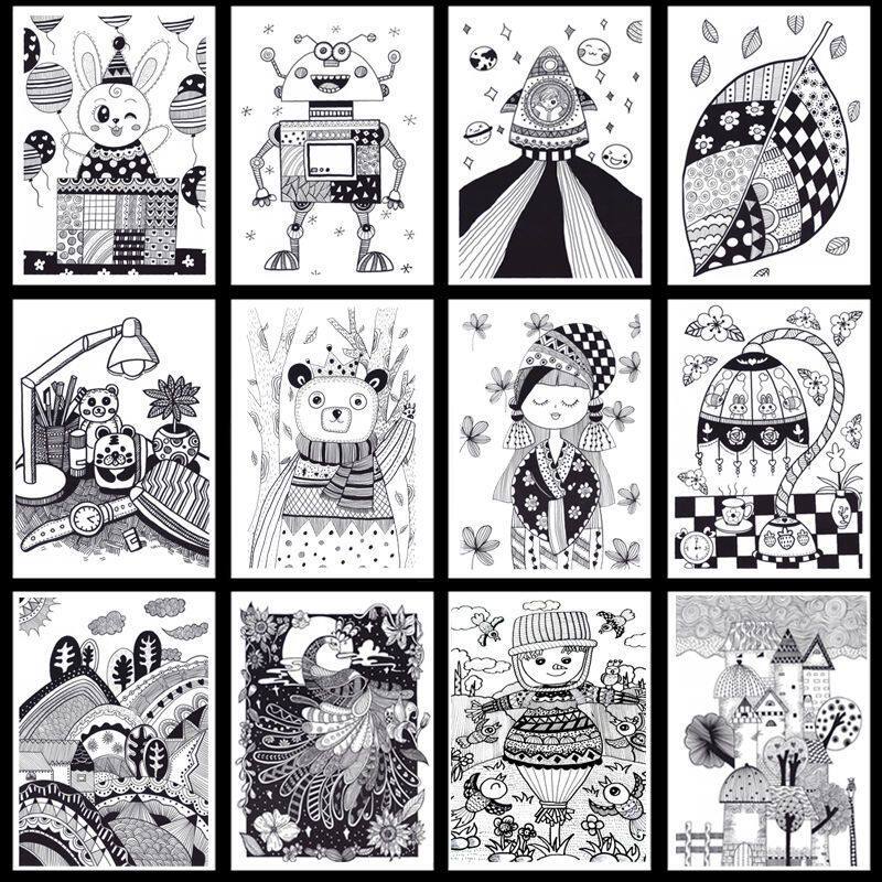 少儿创意美术临摹卡片黑白线描手绘初级中级高级儿童画范画画图片