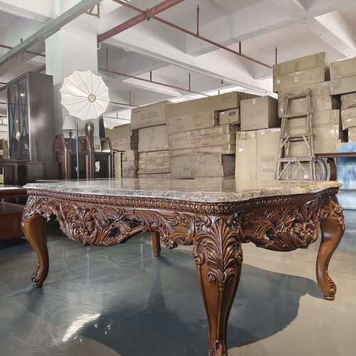 进口鹅掌楸木茶几实木雕刻天然咖啡大理石高端酒店客厅复古茶几