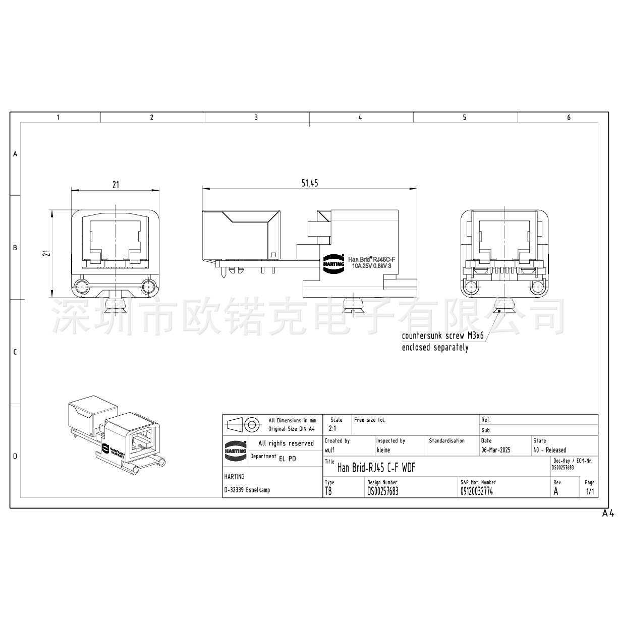 HARTING浩亭09120032774哈丁Han-Brid RJ45 C矩形连接器3 A插芯