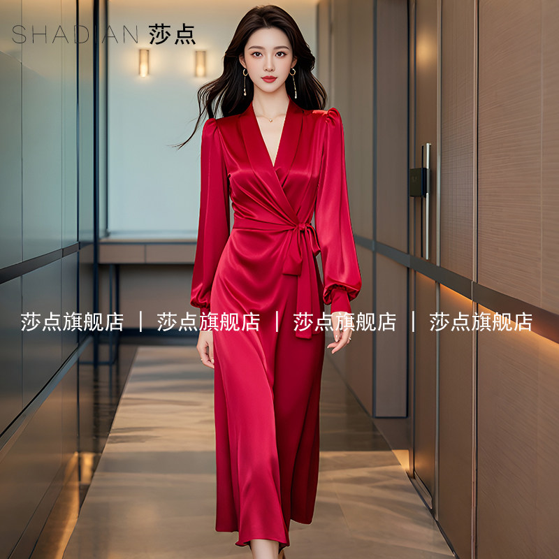 红色连衣裙长袖过膝长裙秋季新款结婚订婚礼服裙高级感气质婚宴装