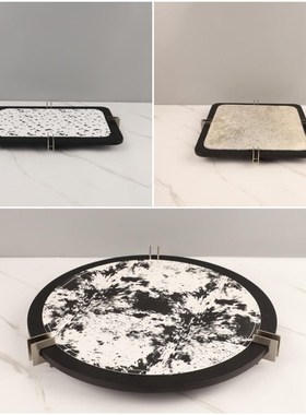 欧式轻奢高端木质皮革马毛香薰装饰托盘卧室衣帽间梳妆台家居饰品