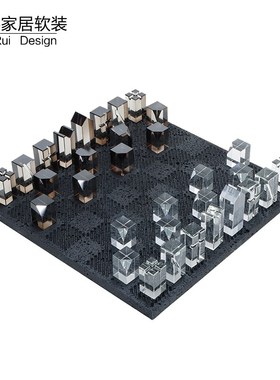 现代轻奢国际象棋棋盘摆件样板间客厅书房水晶大理石桌面软装饰品