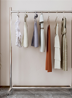 服装店展示架不锈钢拉丝银陈列挂衣落地式女装店单杆货架移动带轮