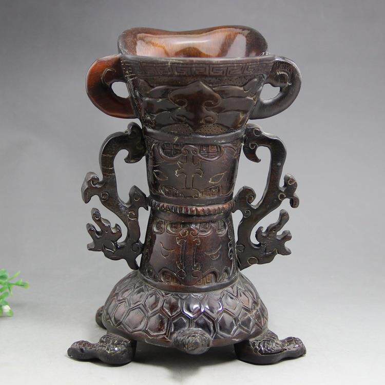 复古做旧收藏骨雕角雕牛角雕刻龙龟酒杯家居摆件工艺品