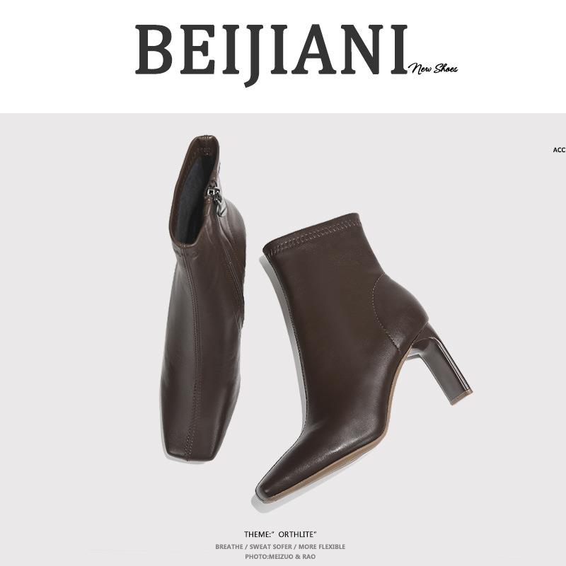 2178-8秋冬高跟裸靴短靴女方头粗跟侧拉链短筒复古风复古风短靴