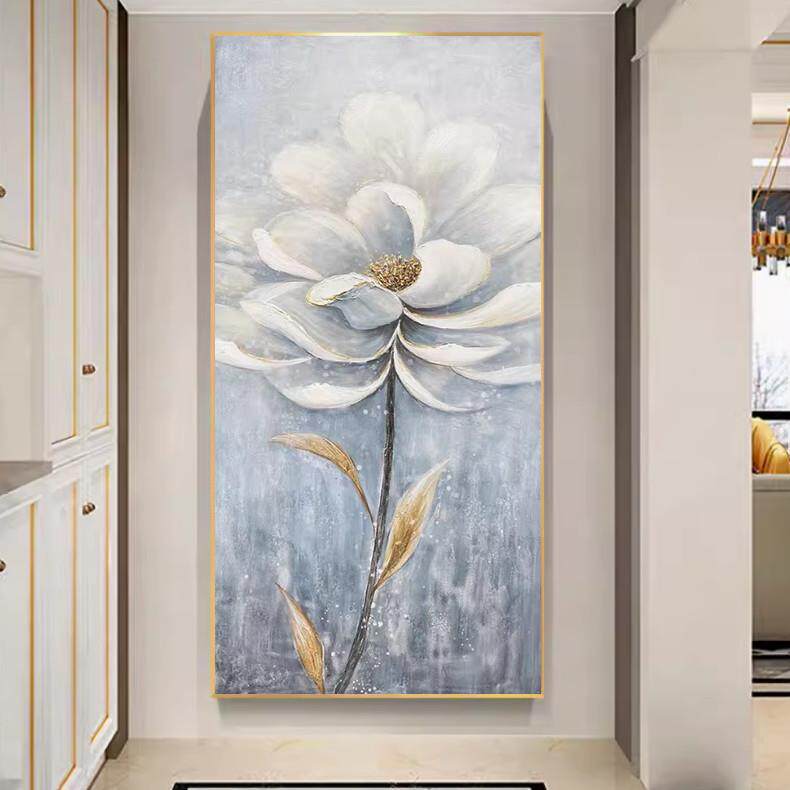 手绘油画入户玄关装饰画新中式莲花荷叶挂画走廊过道现代轻奢壁画