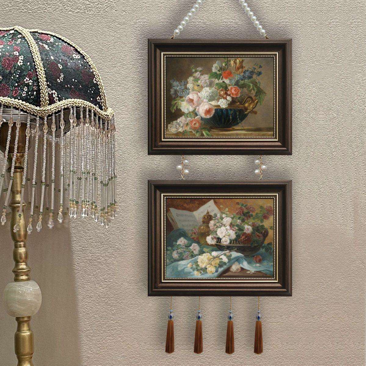 装饰画挂画两联带珠链美式法式现代欧式餐厅客厅沙发两联流苏通用