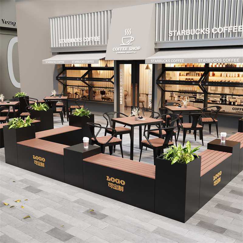 户外咖啡厅奶茶店餐厅门店外摆桌椅围栏隔断室外休闲长椅花箱组合