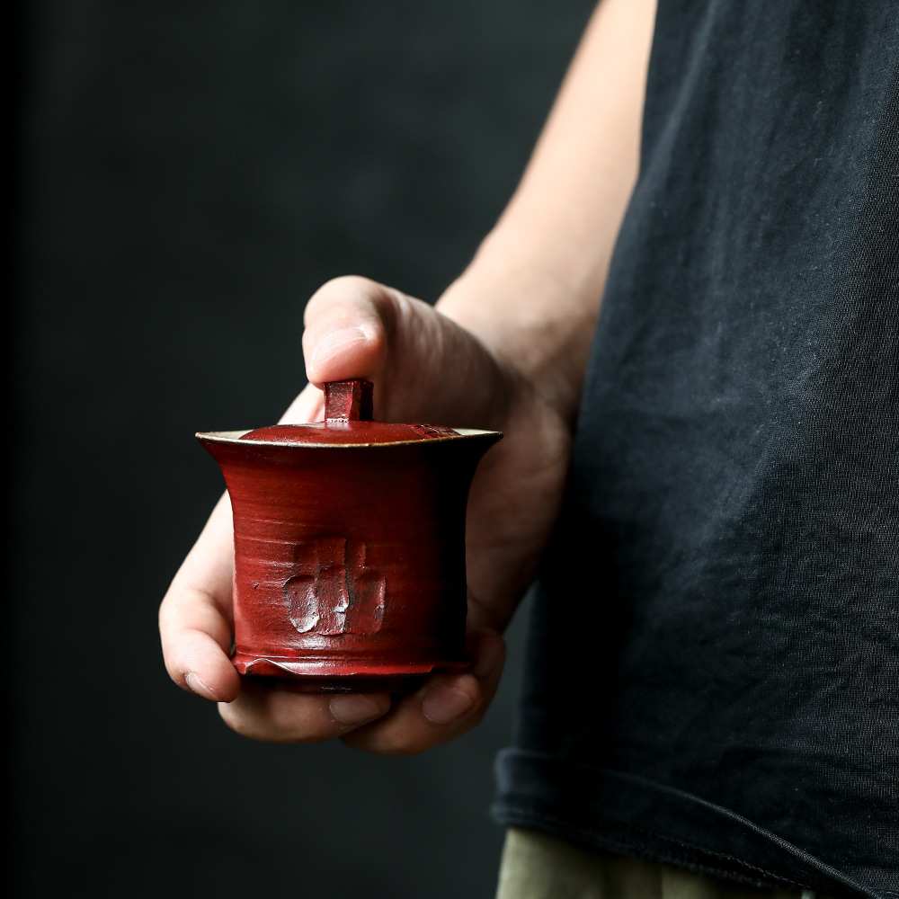 景德镇复古小盖碗手工紫砂陶瓷盖碗红釉日式茶室茶道具单个泡茶碗