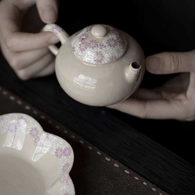 粉引手绘釉下彩茶壶带过滤孔泡茶器小清新雏菊陶瓷单壶小壶