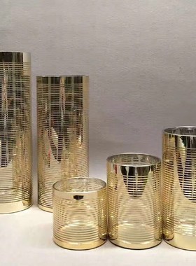 欧式电镀拉丝直筒玻n璃花瓶金色灰色透明条纹刻花插花水培客厅装