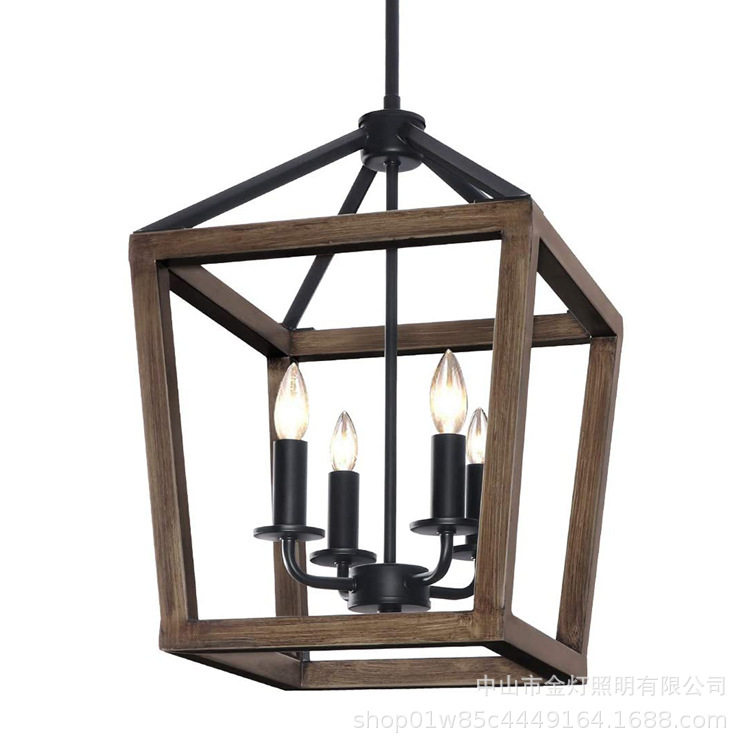 亚马逊热销款金属铁艺木纹色漆吊灯复古工业风格餐厅客厅蜡烛吊灯