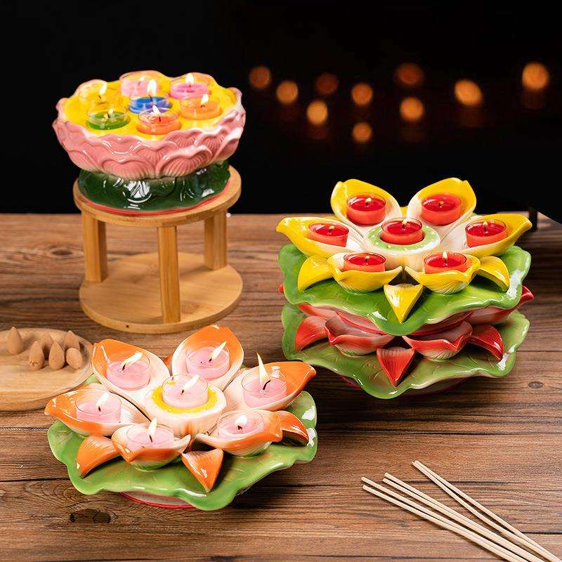 佛前供灯七彩陶瓷莲花烛台灯座供灯酥油灯座蜡烛七星盘供家用无烟