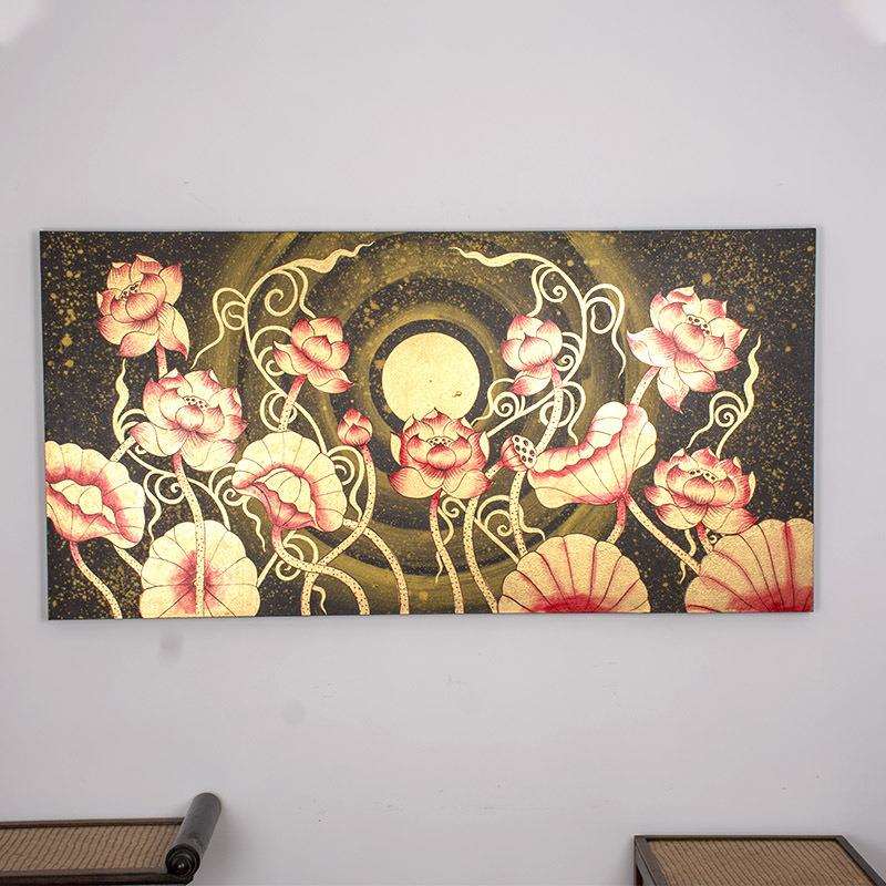 东南亚手绘油画泰式玄关走廊壁画客厅创意挂画过道横版金箔荷花
