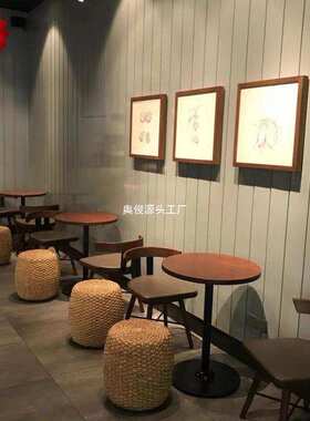 YT复古实木小圆桌商用洽谈咖啡厅奶茶店甜品店方圆桌椅阳台休
