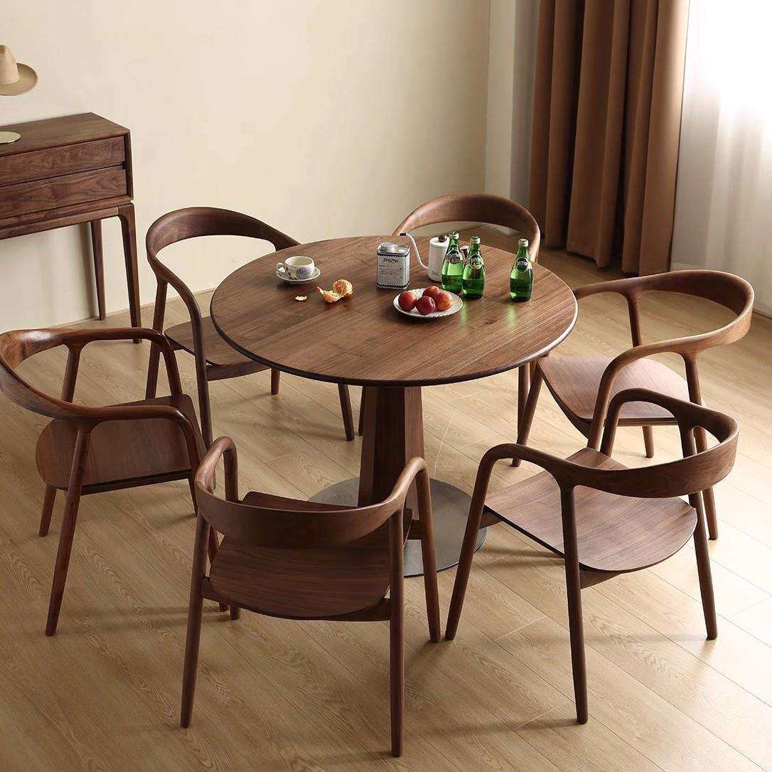 北美黑胡桃木圆桌家用小户型全实木饭桌樱桃木北欧多功能圆形餐桌