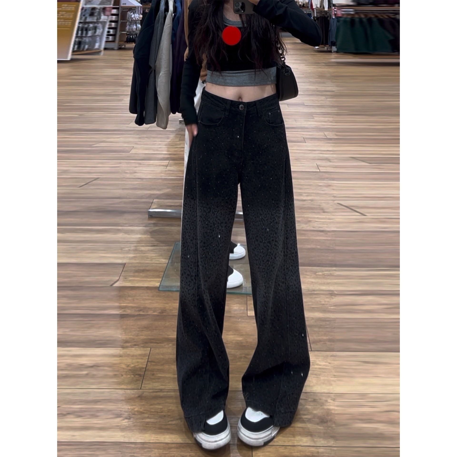渐变色烫钻加绒窄版阔腿牛仔裤女2025冬季新款宽松显瘦直筒拖地裤