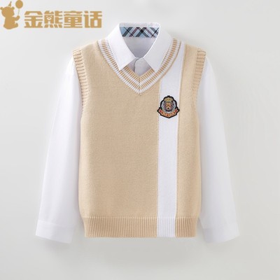 男童毛衣马甲春秋款小学生校服儿童针织背心白衬衫两件套薄款纯棉
