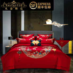 新中式 刺绣百子图植物花卉结婚四件套高档奢华大红婚庆陪嫁床品