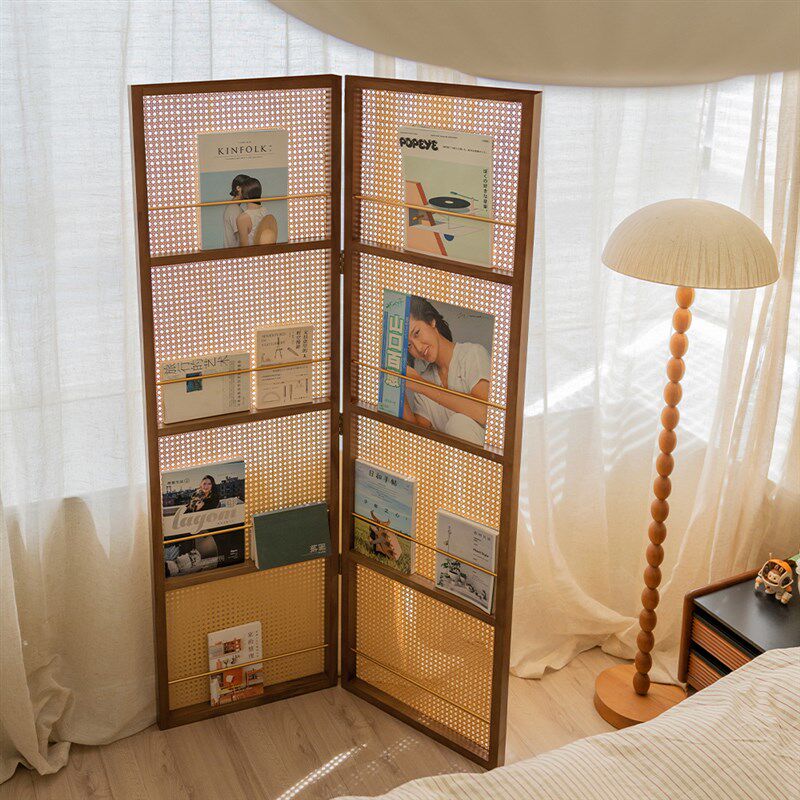 中古风屏风隔断实木藤编折叠法式客厅玄关入户门卧室移动置物书架