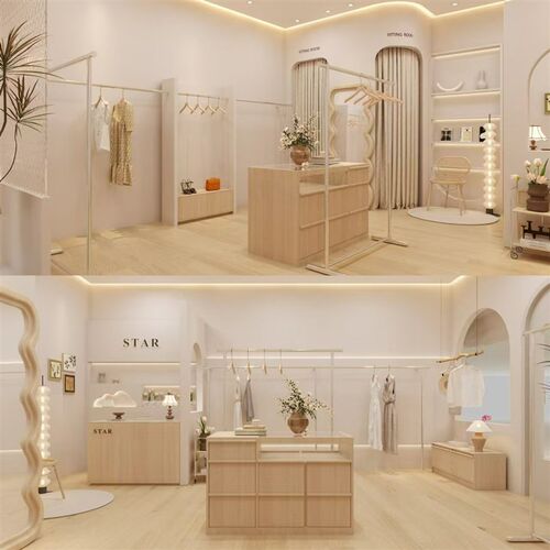 服装店装修设计3d效果图奶油风高级感简约平面设计女装店门头设计