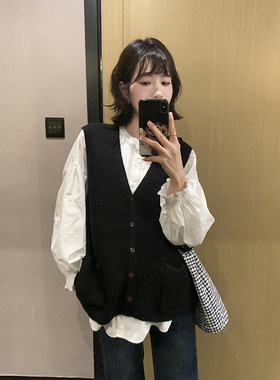 孕妇韩版v领双口袋针织马甲开衫春秋新款宽松慵懒风毛衣背心
