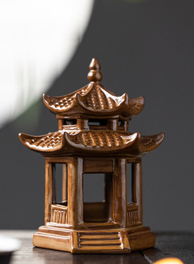 大号创意双层六角亭陶瓷摆件古建筑微景观设计水族箱鱼缸造景装饰