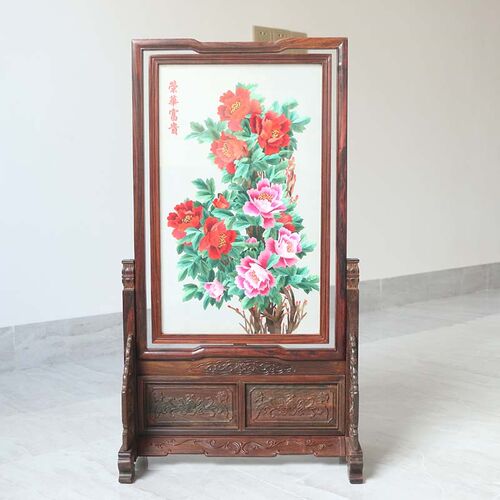 红木小屏风摆件台屏中国风刺绣隔断客厅仿古装饰移动折叠简约现代