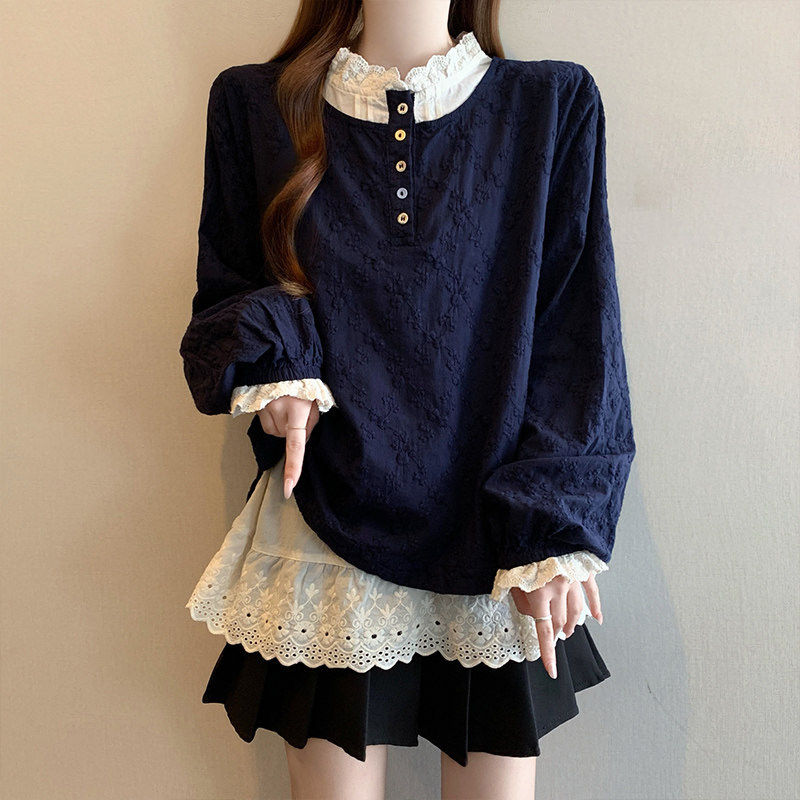 藏青色假两件提花衬衫女2026新款春季大码胖mm显瘦正肩巨好看上衣