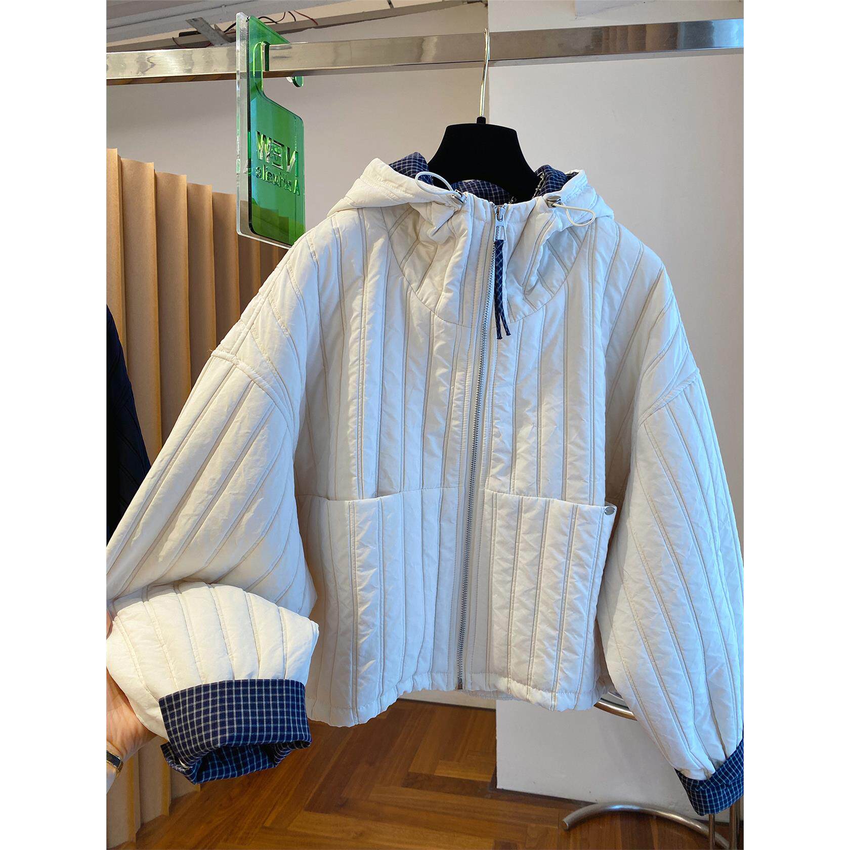 欧韩货绗缝连帽夹棉外套女2025新款宽松休闲百搭格子拼接上衣秋季