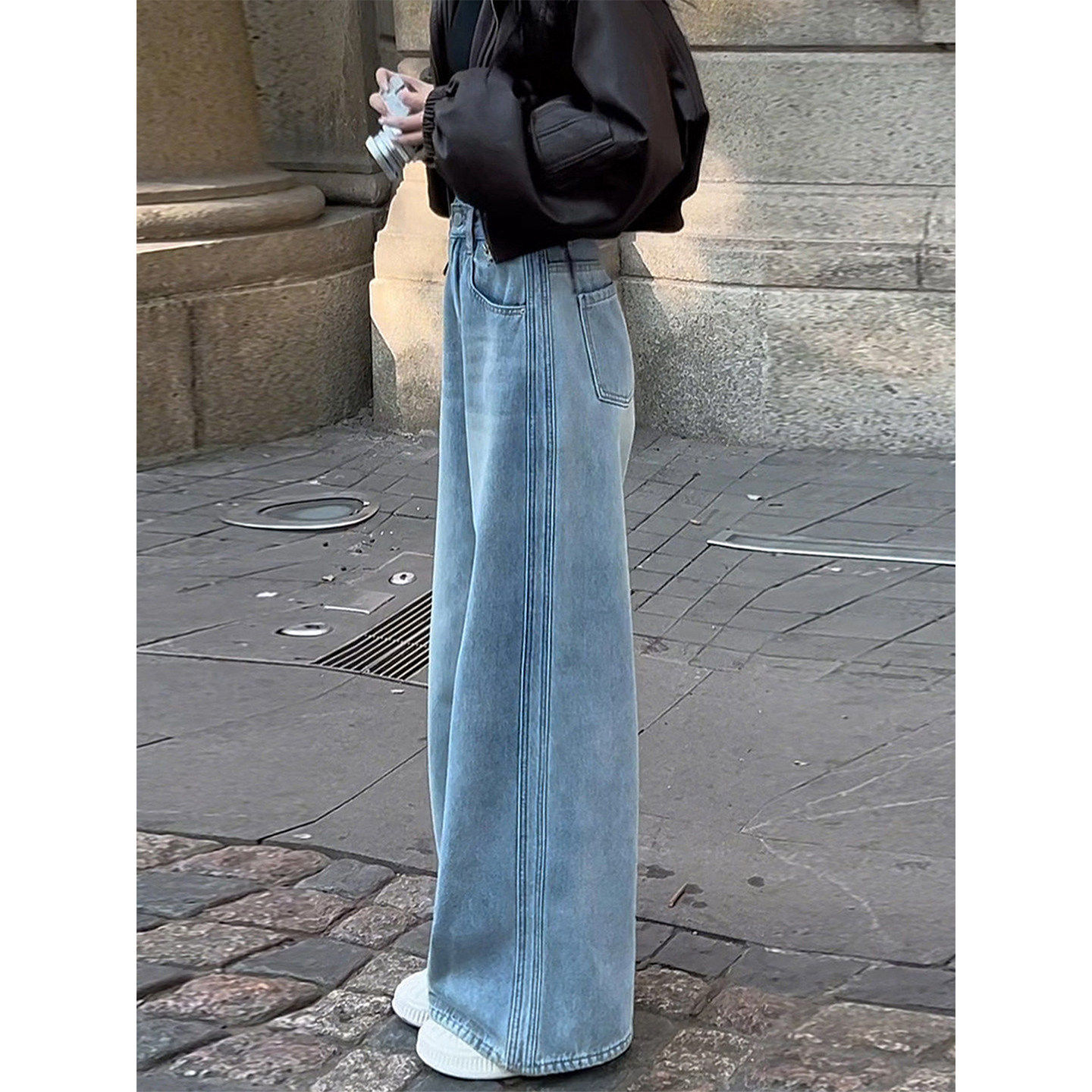 浅蓝色阔腿牛仔裤女大码胖妹妹春季新款高腰显瘦宽松窄版直筒长裤