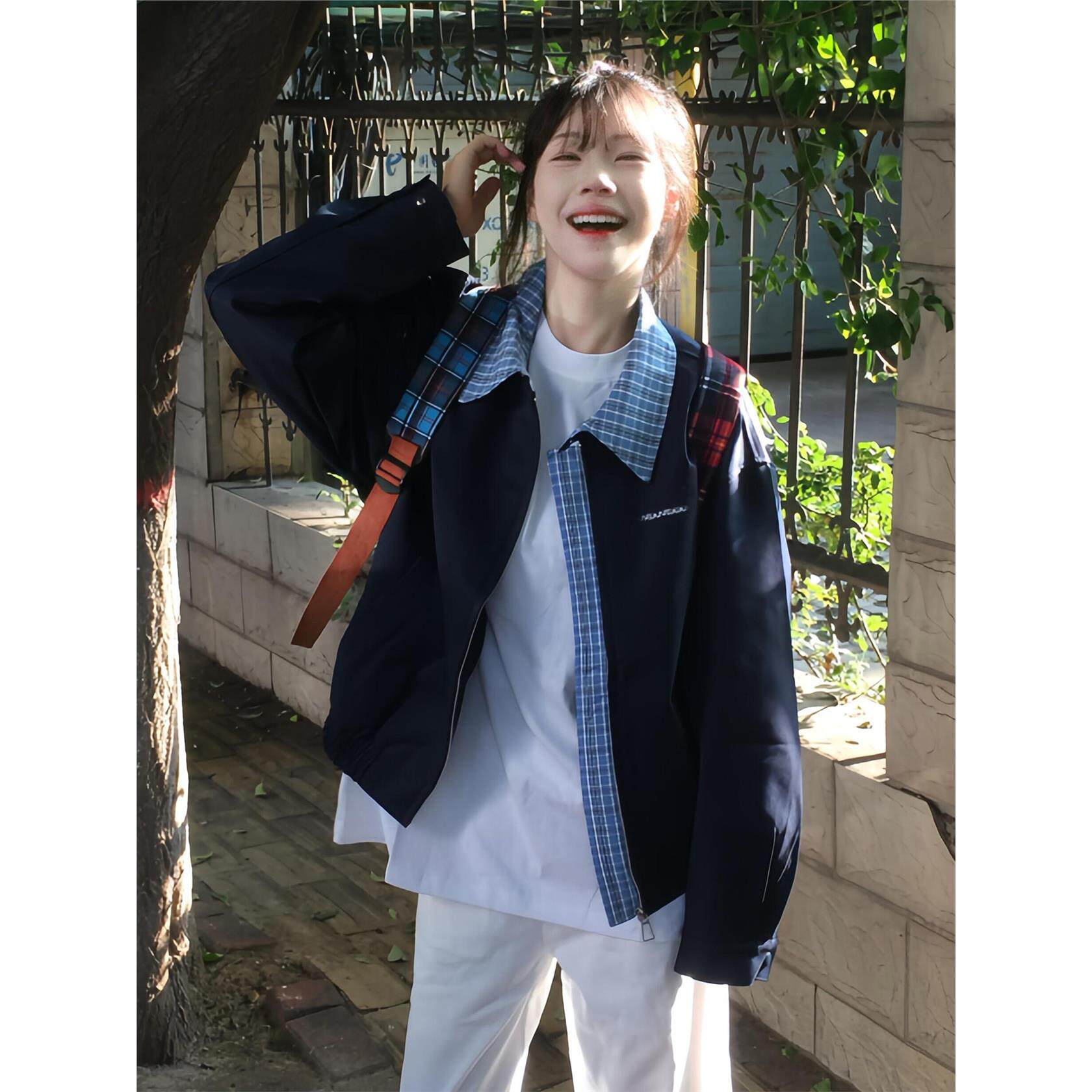 超好看格纹撞色外套女春秋2025新款覆古假两件拼接宽松休闲夹克潮