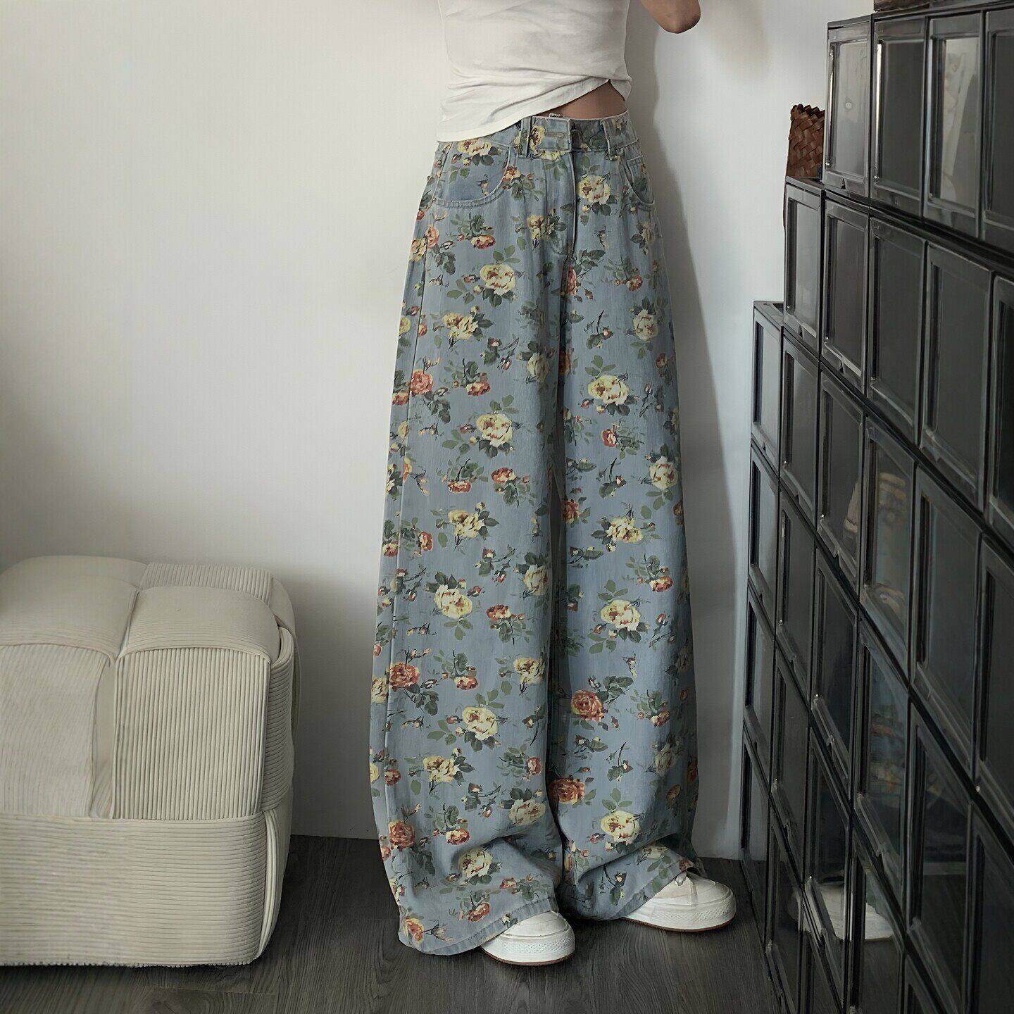 复古花朵阔腿牛仔裤女春季新款大码胖mm高腰显瘦宽松碎花拖地裤子