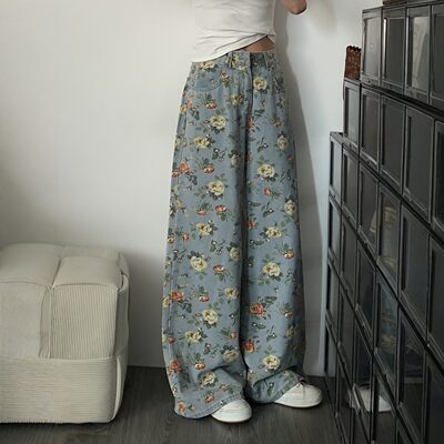 复古花朵阔腿牛仔裤女春