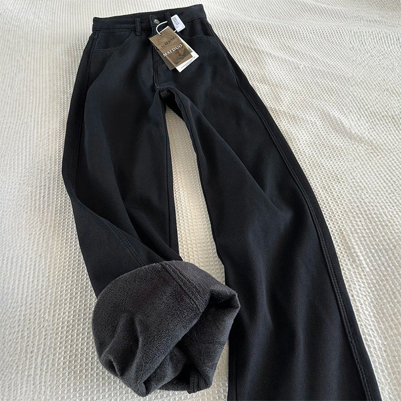 黑色窄版阔腿加绒牛仔裤女2025冬季新款高腰宽松显瘦小个子直筒裤